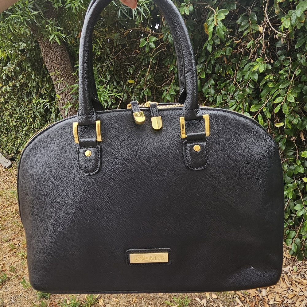 Black and Gold Structured Satchel with Elegant Hardware